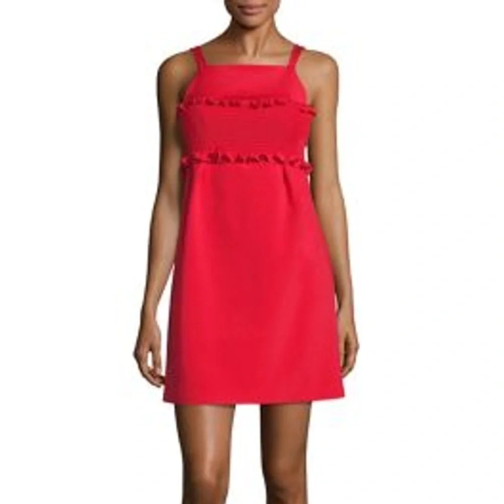 TIBI Smocked Bandeau Overlay Faille Mini Dress in Elia Red | Sleeveless XS 0-2